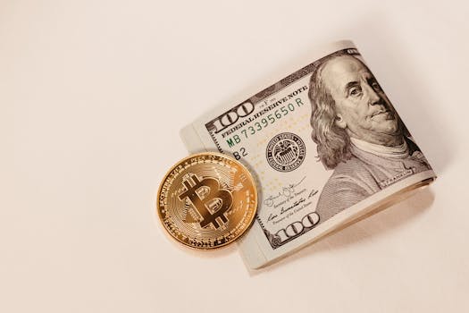 A Bitcoin coin placed next to a rolled US hundred dollar bill, symbolizing cryptocurrency and traditional currency.