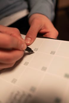 Close-up of a hand writing on a calendar, planning future events.