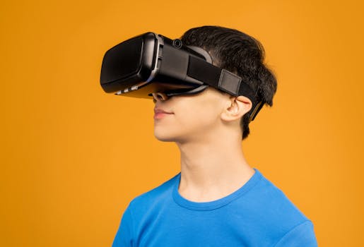 Side profile of a young man wearing a VR headset against a vibrant orange background, immersed in virtual reality.