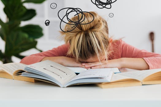 Young woman asleep over books at desk, conveying stress and mental overload.