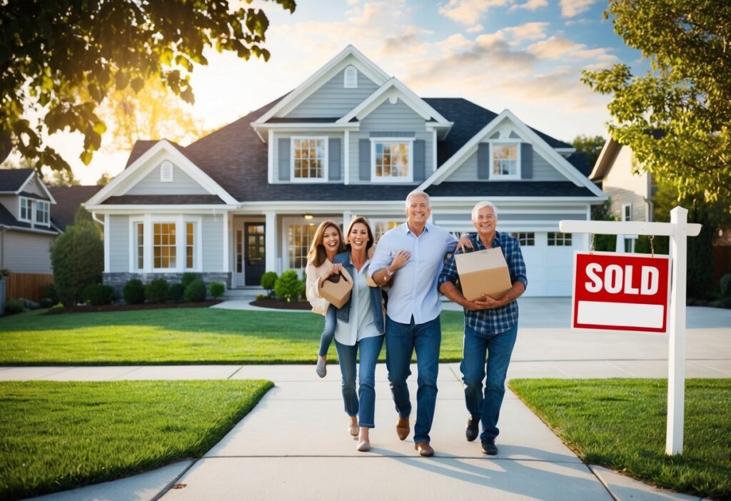 A family happily moving into their new dream home, surrounded by a peaceful neighborhood and a "Sold" sign out front