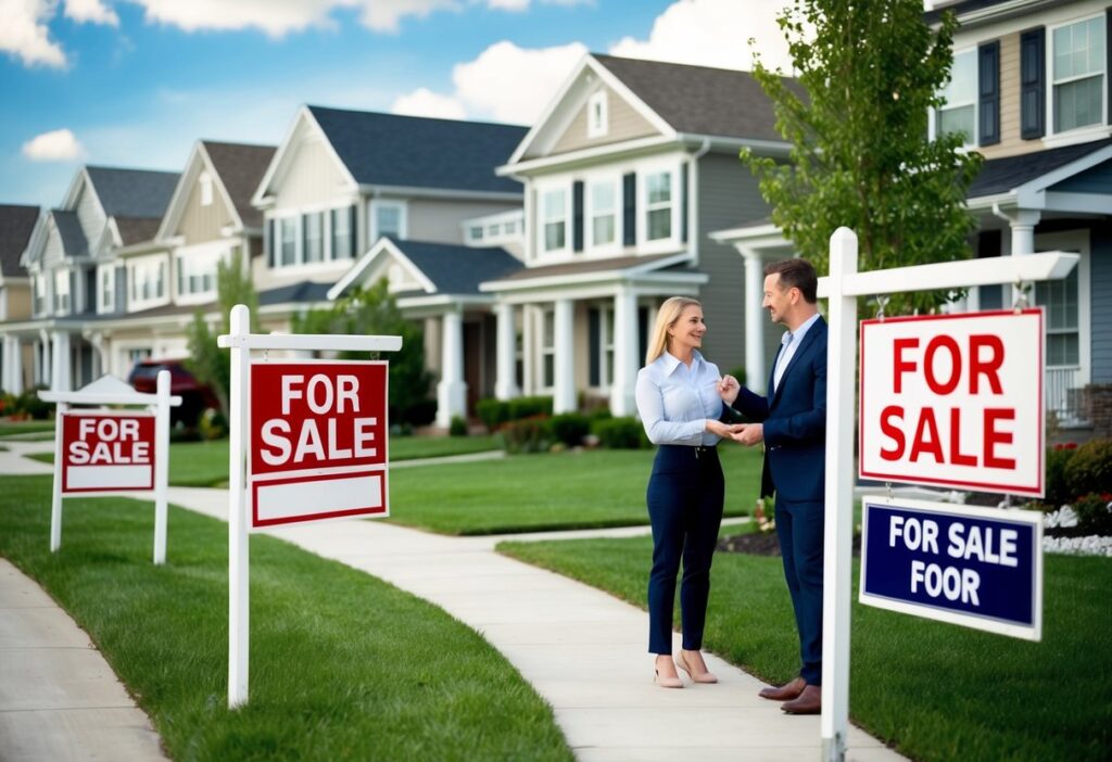 A suburban neighborhood with multiple for sale signs, a mix of traditional and modern houses, and a busy real estate agent showing a couple around